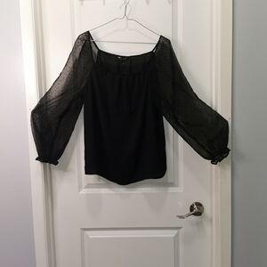 Banana Republic Black Sheer Dot Puff-Sleeve Blouse